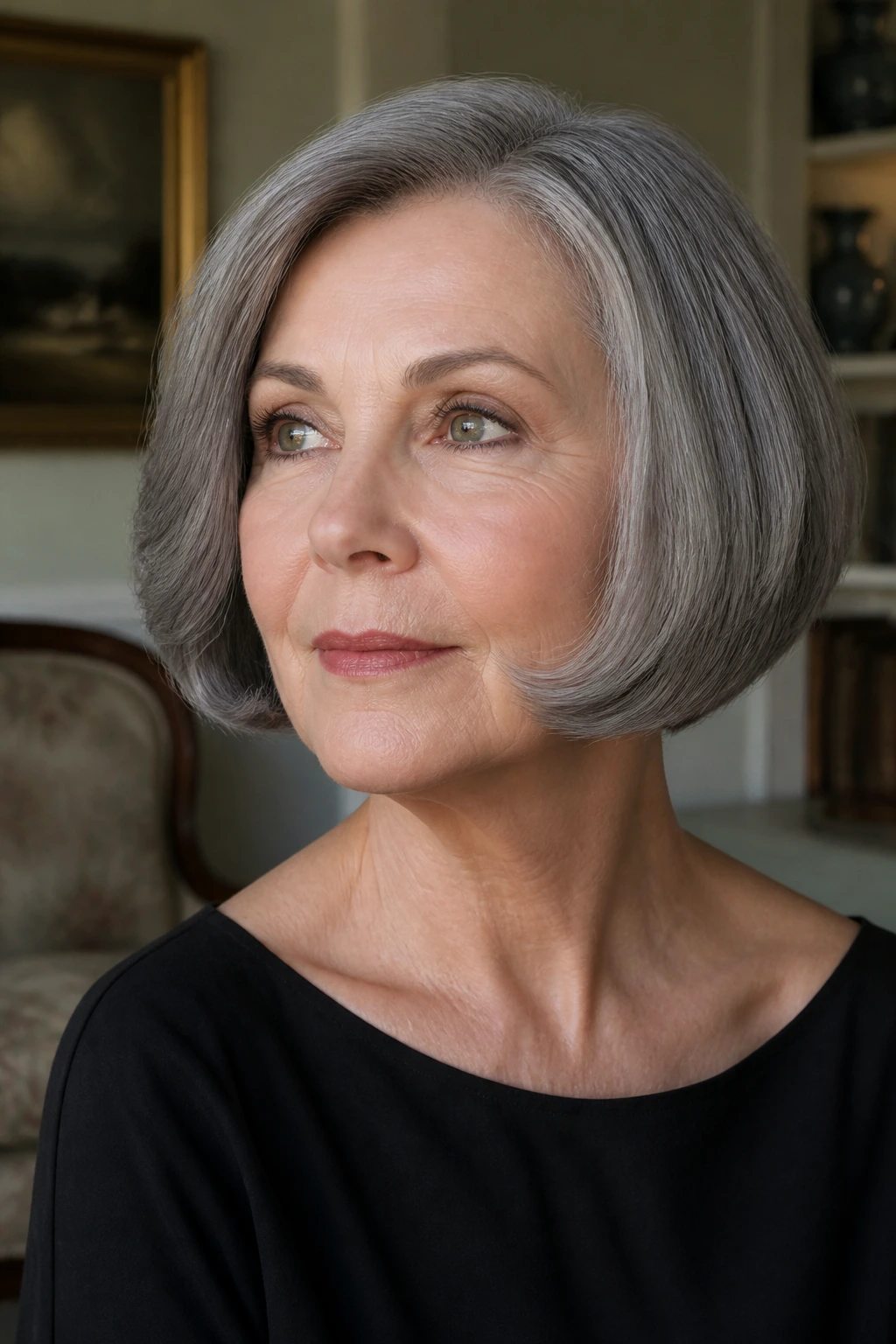 Close-up portrait of a person with a curled-under storm-gray pageboy in vintage-inspired room.