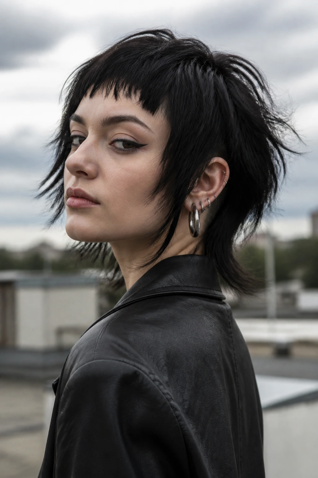 Close-up portrait of a real person with stormy black shag and micro bangs, shaved nape.