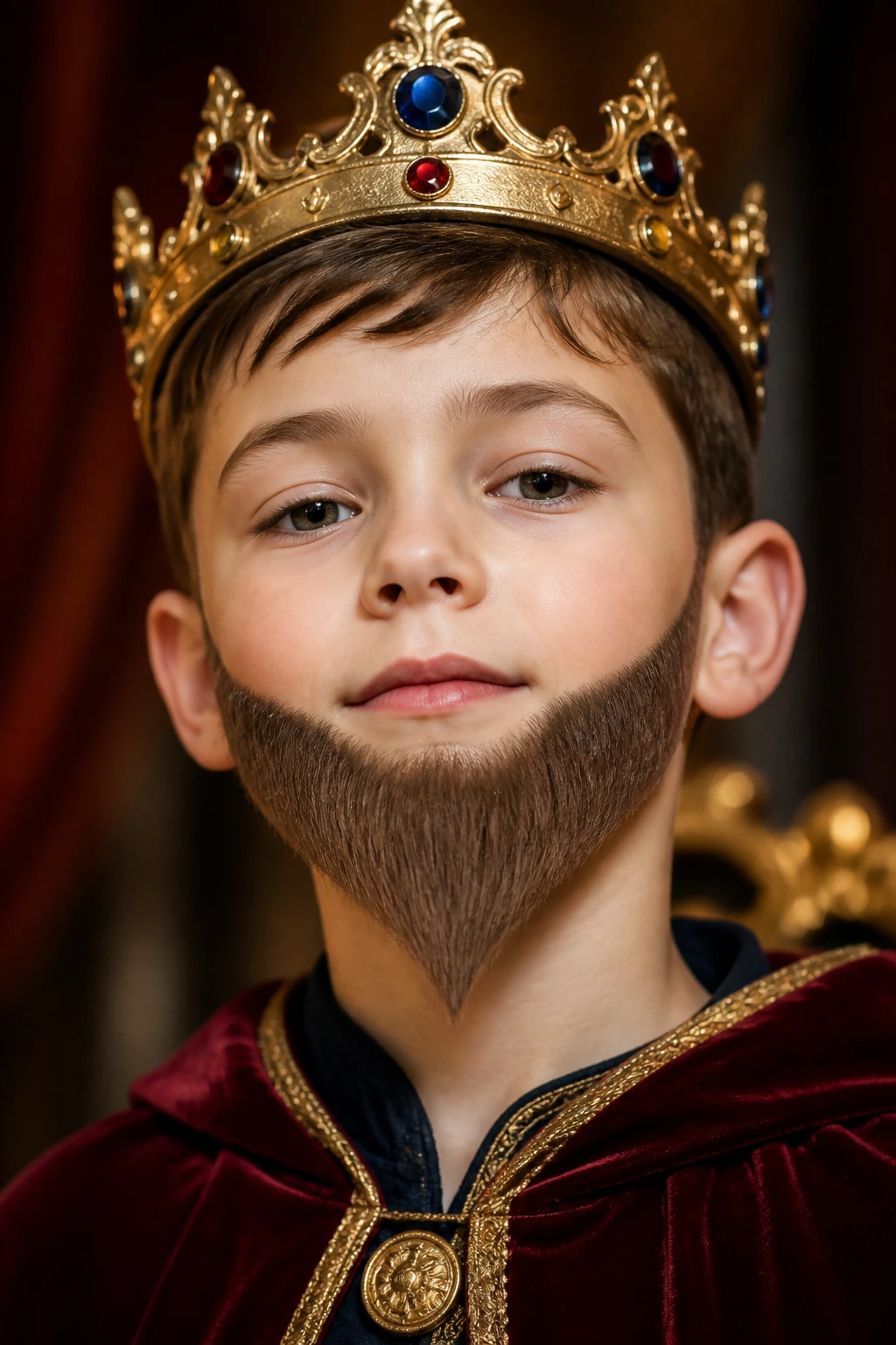 Boy wearing crown and Storybook King beard in regal portrait setting