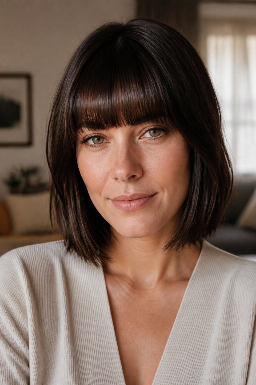 Close-up of a real woman with straight-across bangs framing the forehead under natural window light