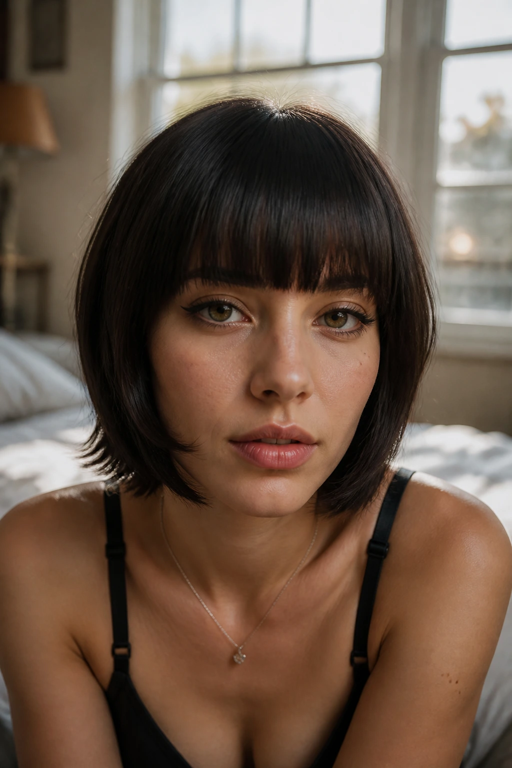 Close-up of a real person with straight-across bangs and jaw-length wolf cut in natural light