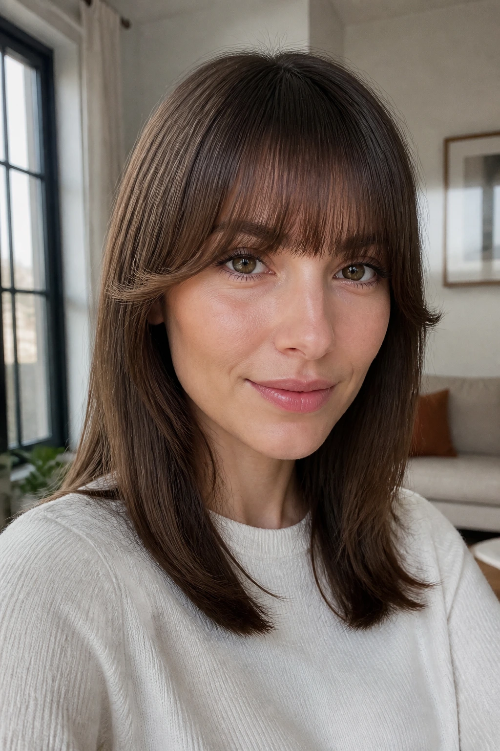 Close-up portrait of a woman with straight-across bangs and a soft bend in window light