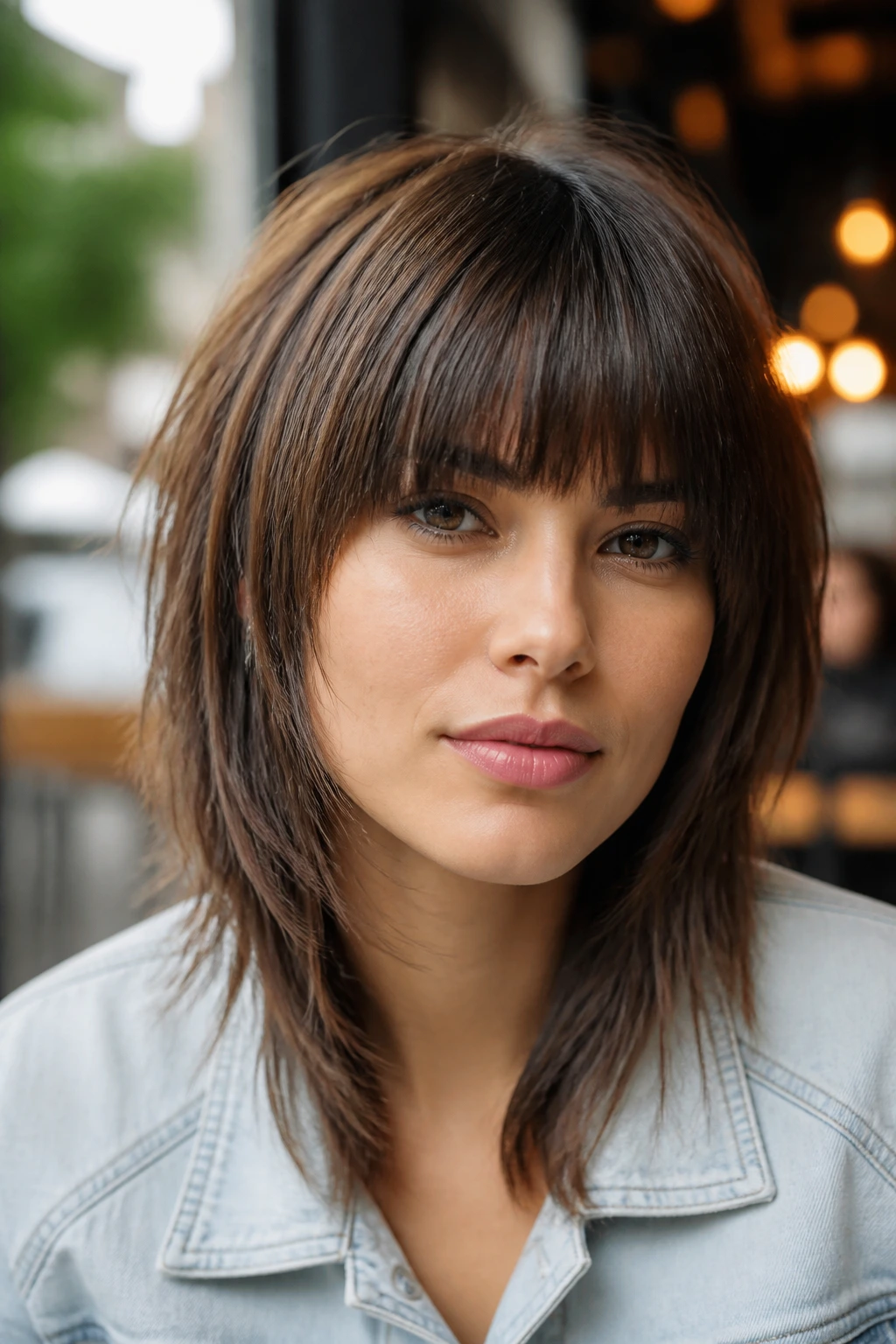 Portrait of a real woman with Straight-Across Fringe Shag featuring blunt fringe over the brow