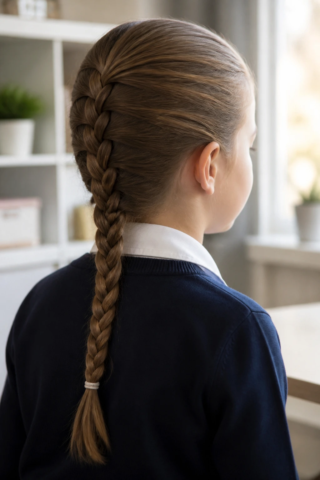 Three-quarter portrait of a child with a straight-back braid down the back