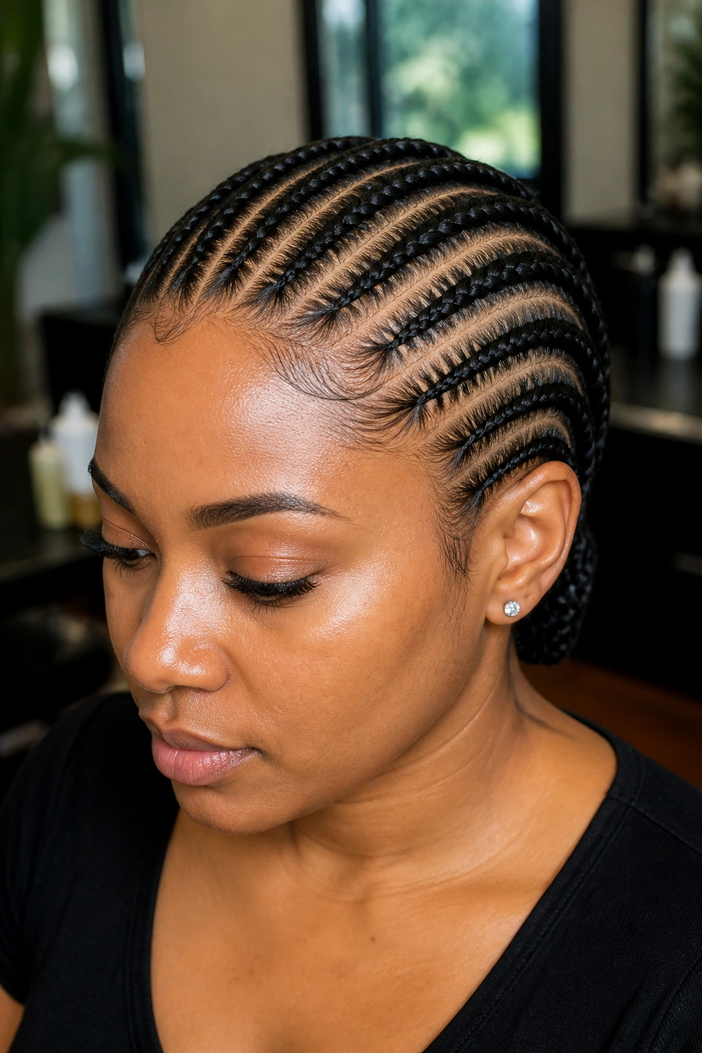 Close-up of a Black woman with medium straight-back cornrows from hairline to nape.