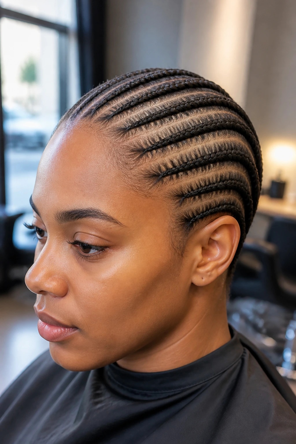 Close-up of straight-back cornrows on a real person in a salon.