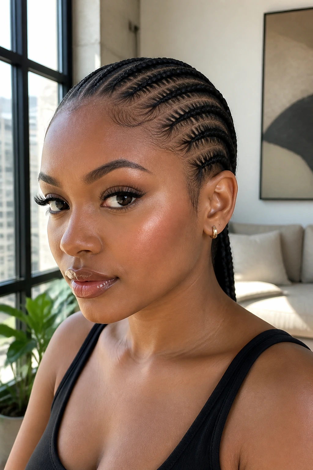 Close-up of a real woman with straight-back cornrows from hairline to nape
