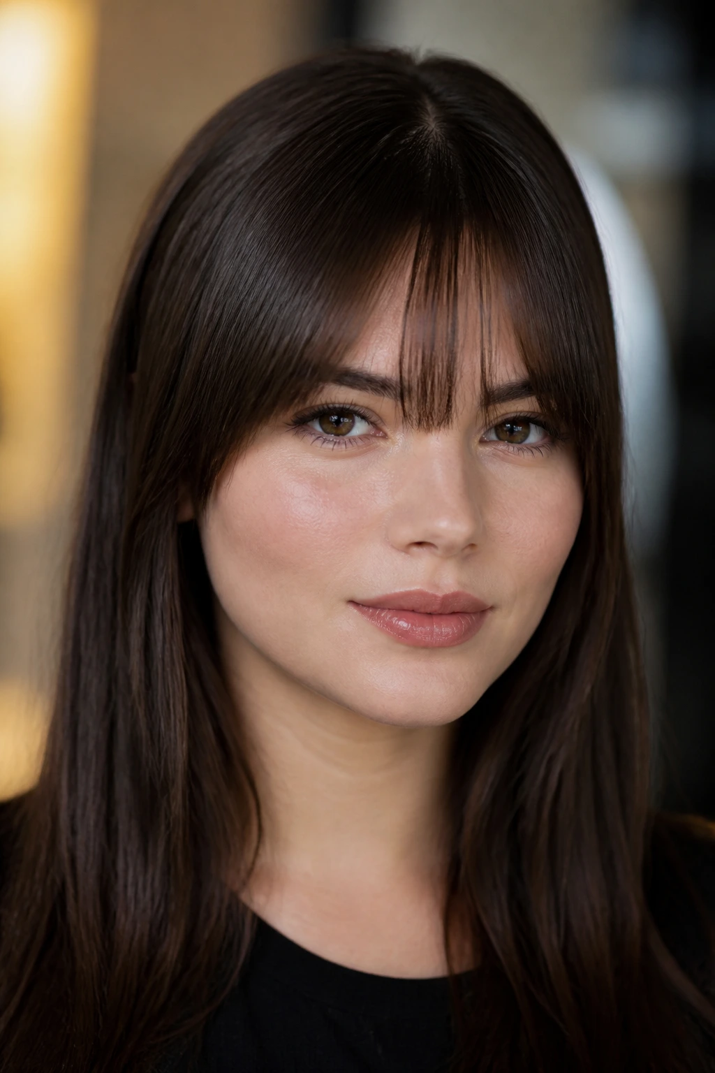 Close-up portrait showing straight bangs on a real person