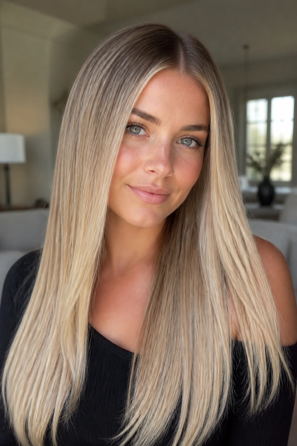 Close-up of straight blonde hair showing crisp color transitions along the length