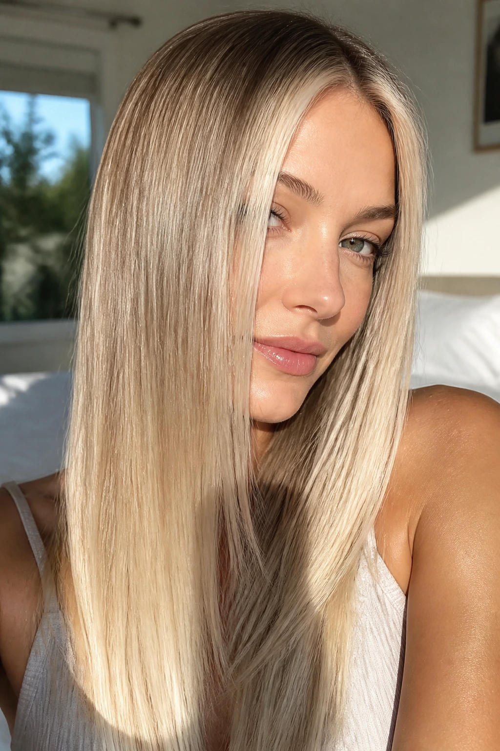 Close-up of a real woman with straight, glossy blonde hair in warm window light