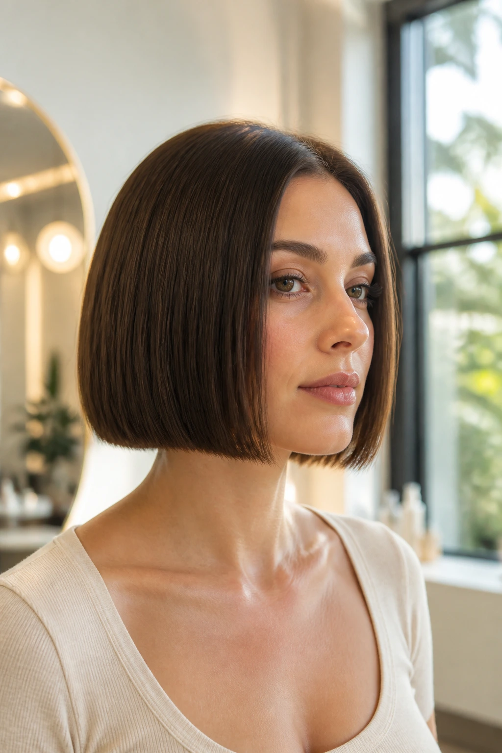 Portrait of a real woman with a crisp straight bob and clean jaw-length line.