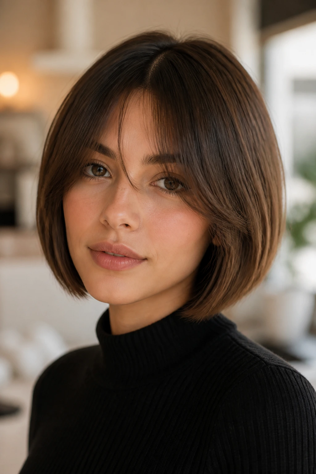 Close-up portrait of a real woman with straight bob and curtain bangs, soft fringe framing the forehead