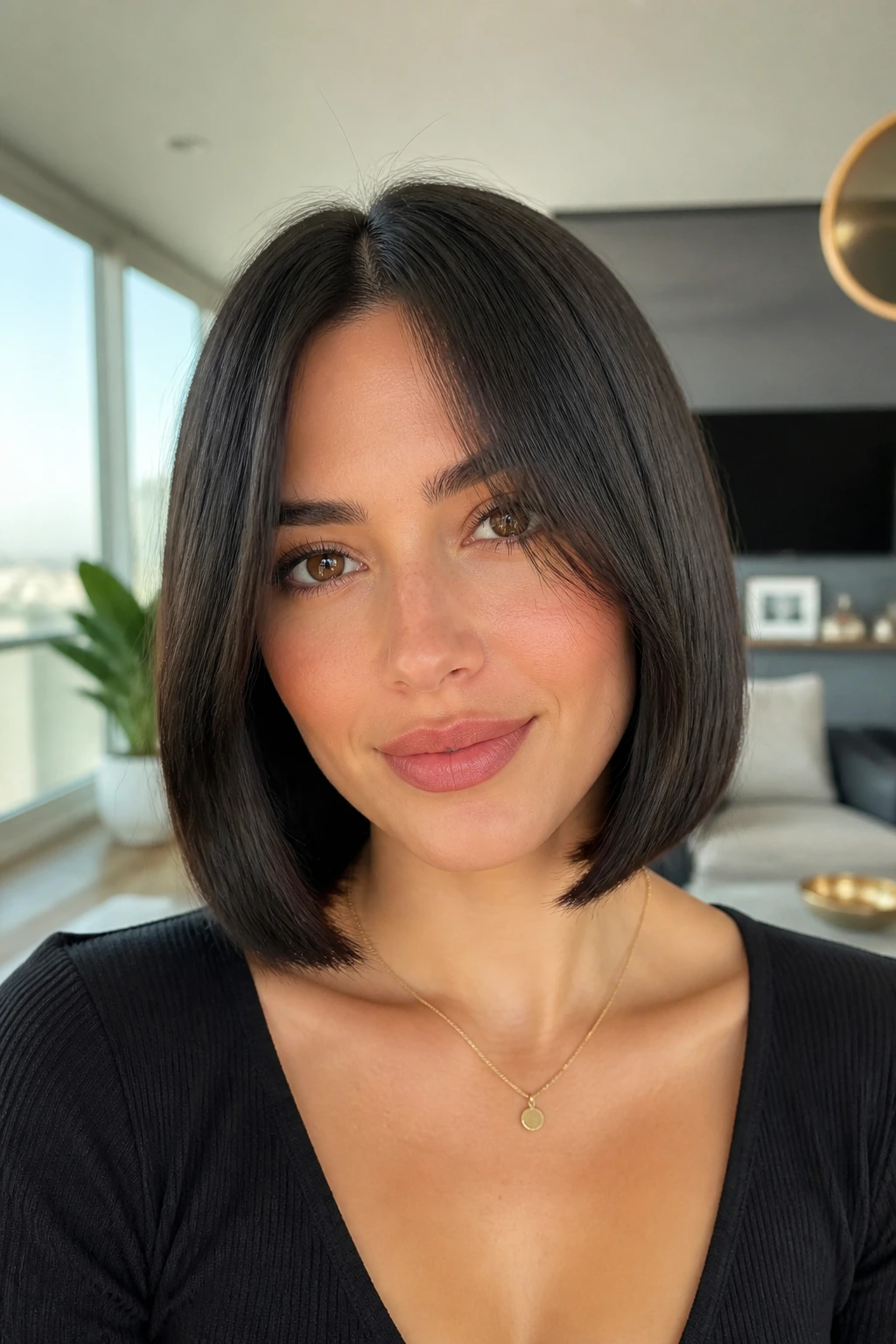 Real woman with straight hair and curtain bangs in a bright modern room