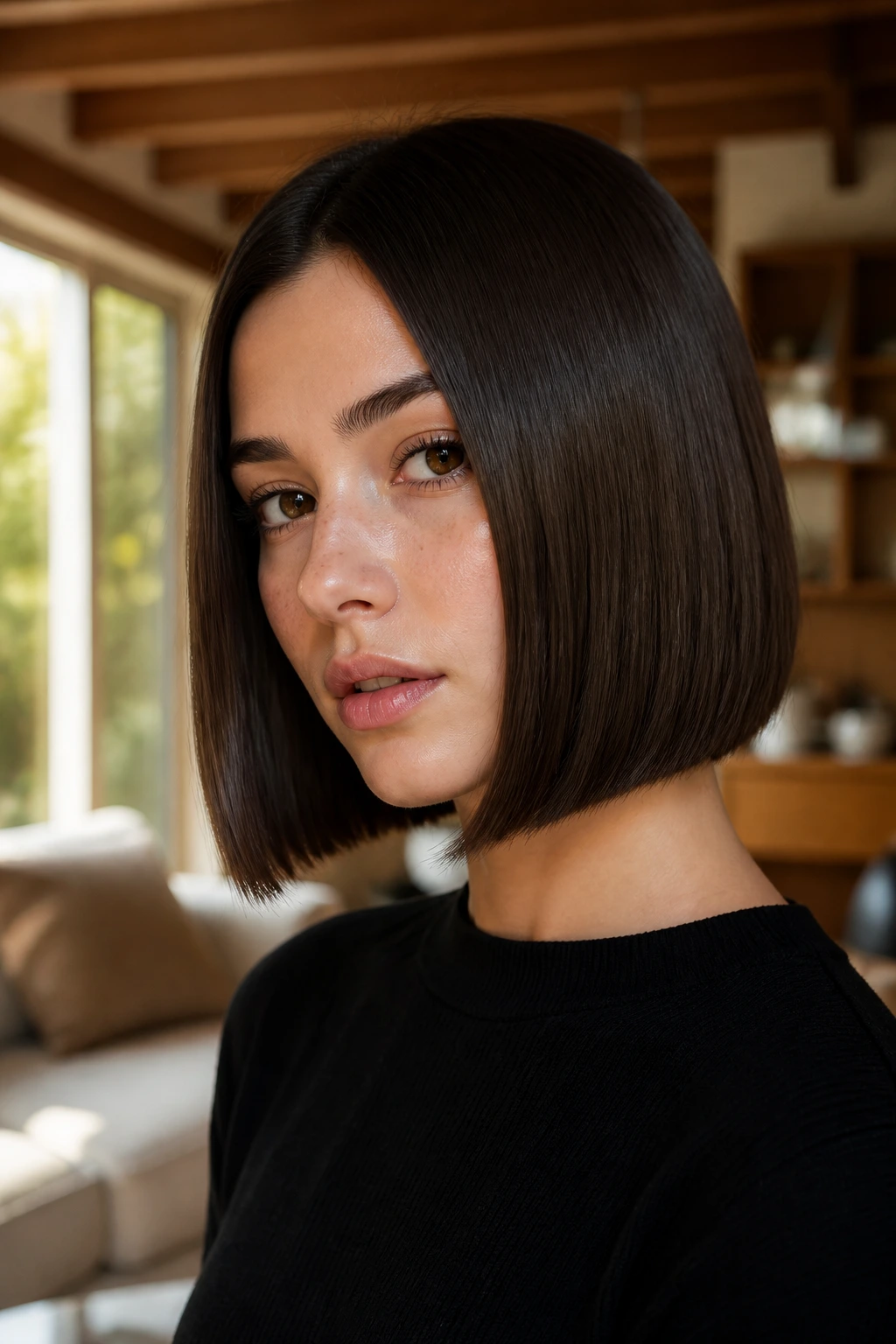 Close-up portrait of a woman with a straight bob and crisp perimeter