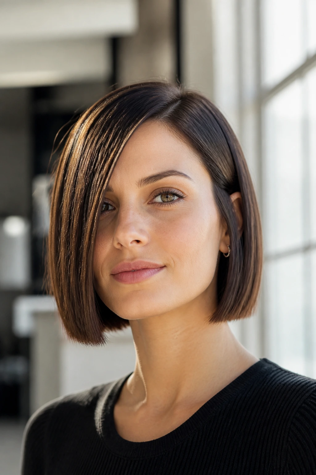 Portrait of a person with straight bob side panel hairstyle in bright interior light