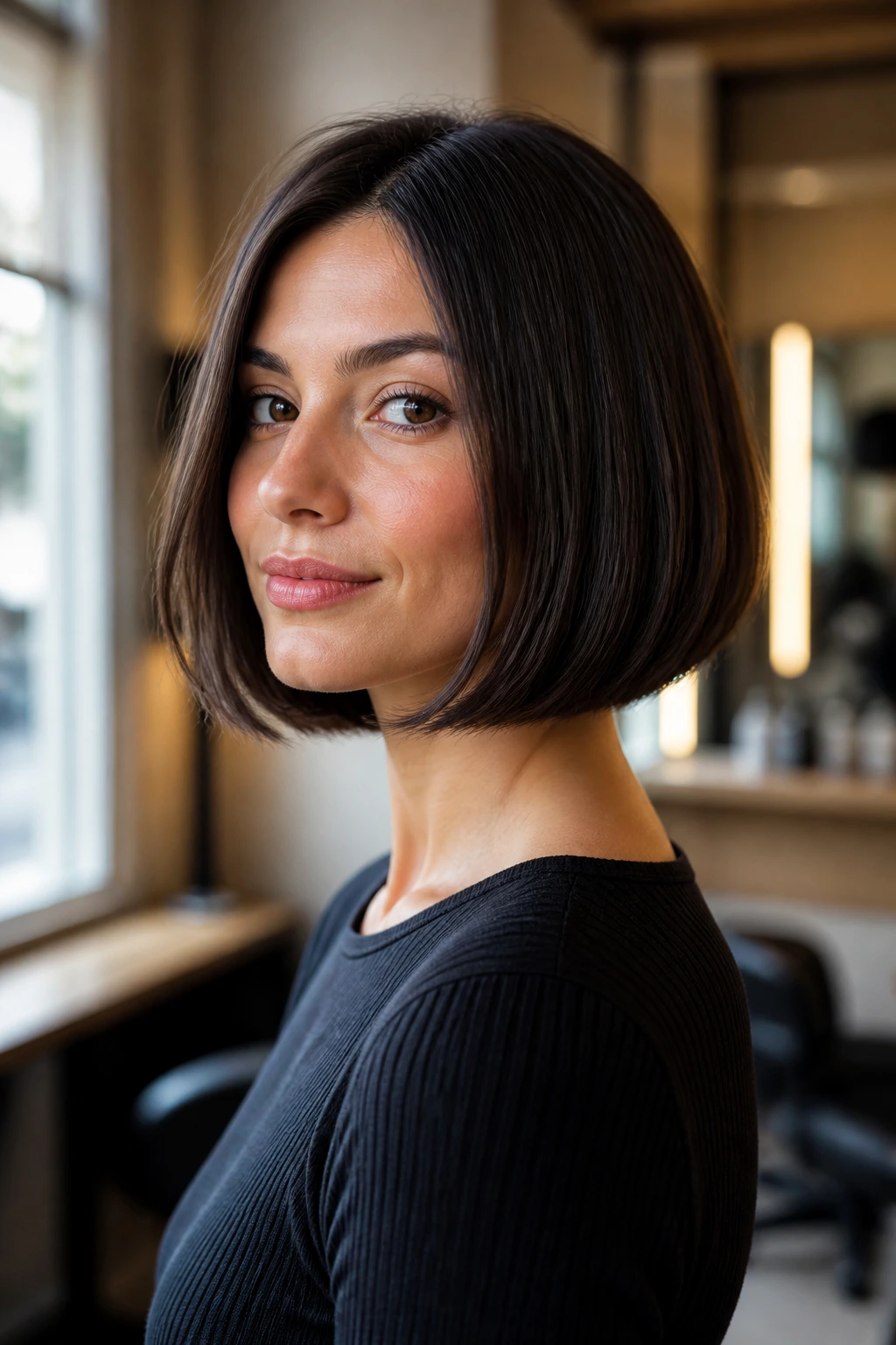 Close-up portrait of a real woman with a sleek jaw-length straight bob in a salon