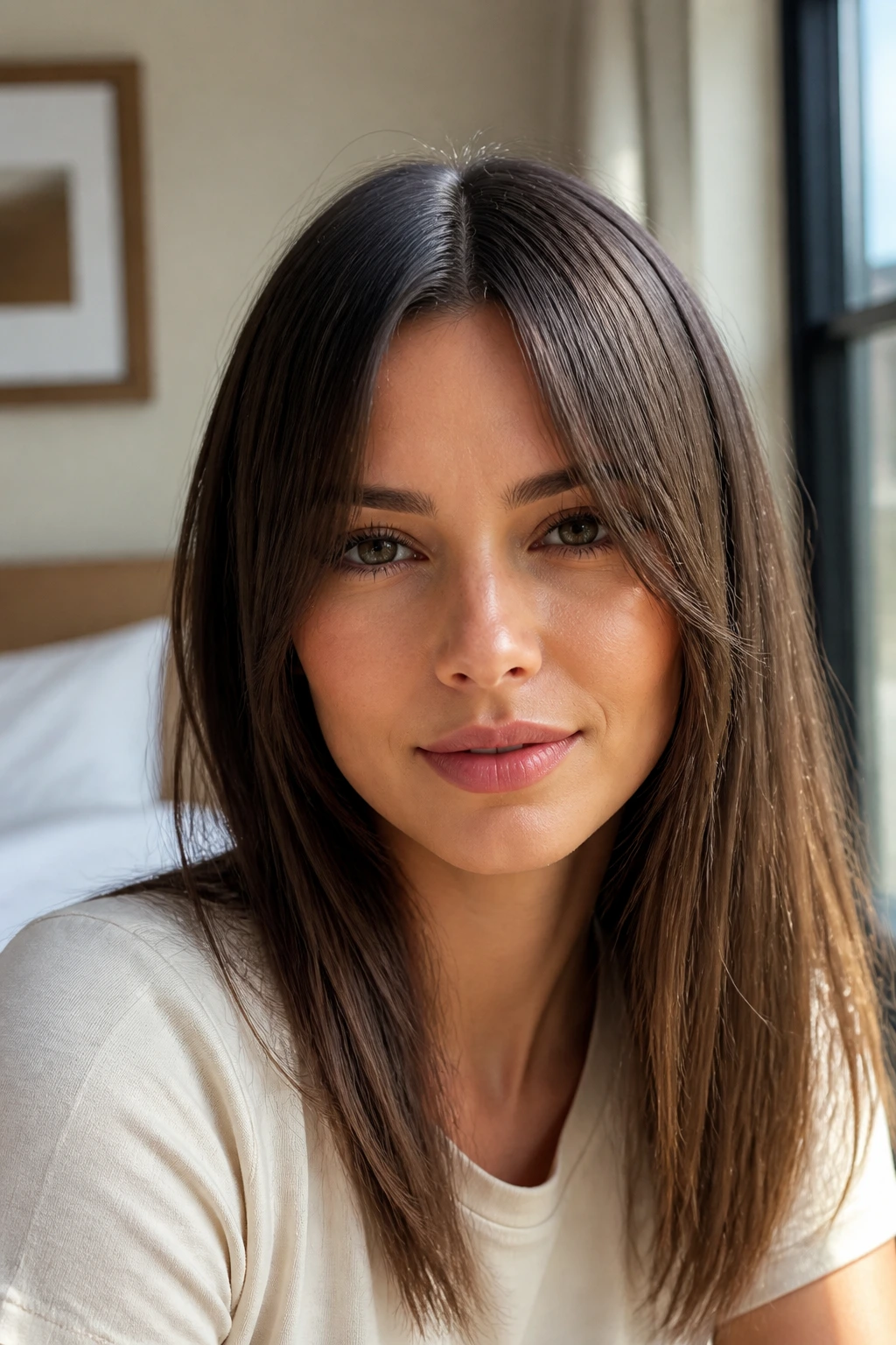 Close-up portrait of a real person with straight curtain bangs and a clean center part