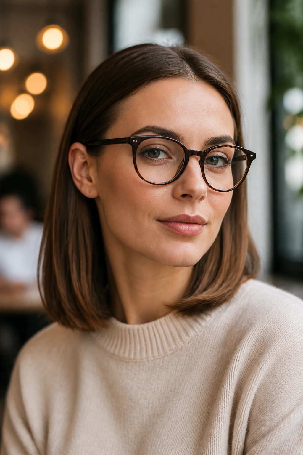 Portrait of a woman with tucked-behind-the-ears straight cut.