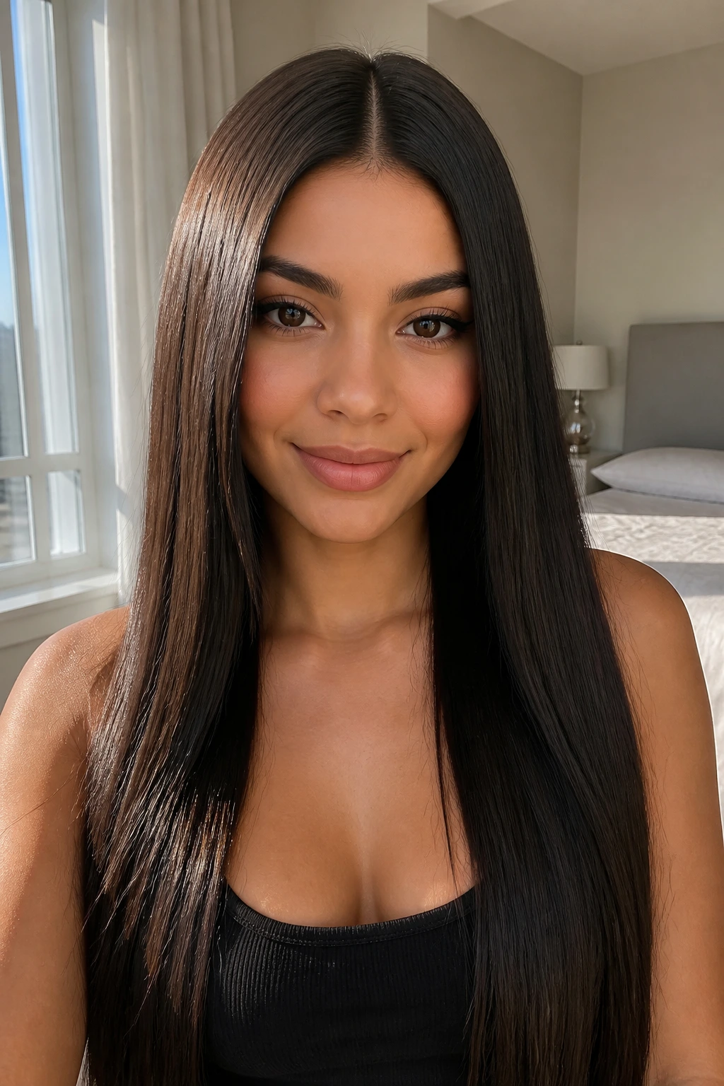 Close-up of a real woman with straight extension styles and centered part