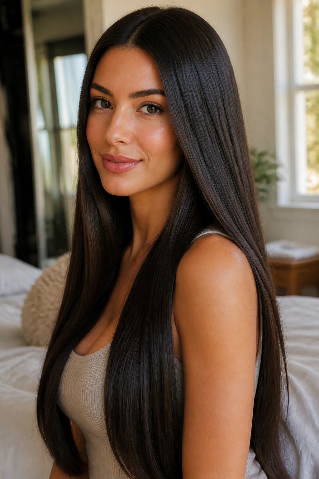 Close-up portrait of a woman with straight hair and extensions in a cozy bedroom