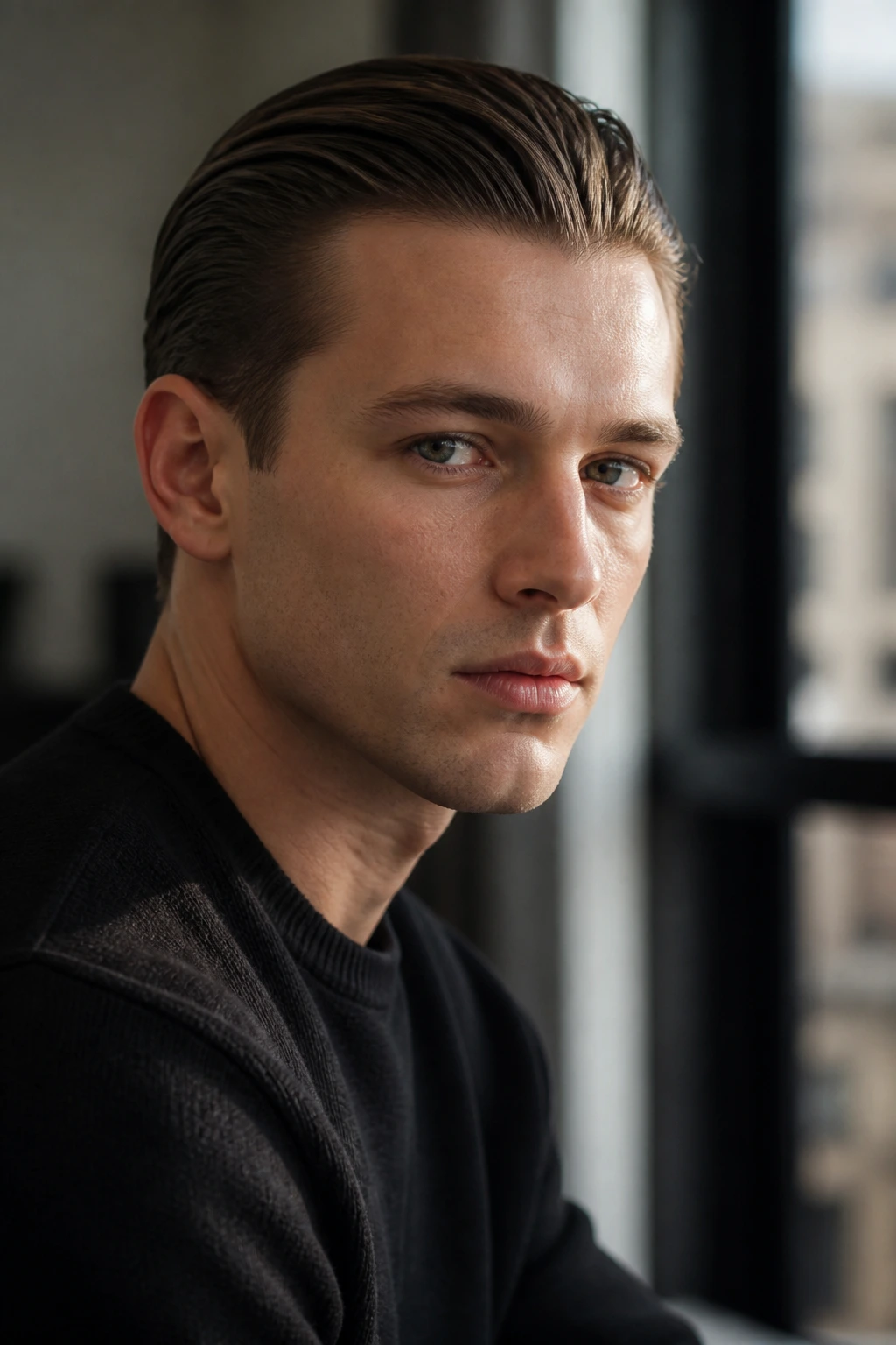 Close-up portrait of a real man with straight fine hair slicked back in natural light