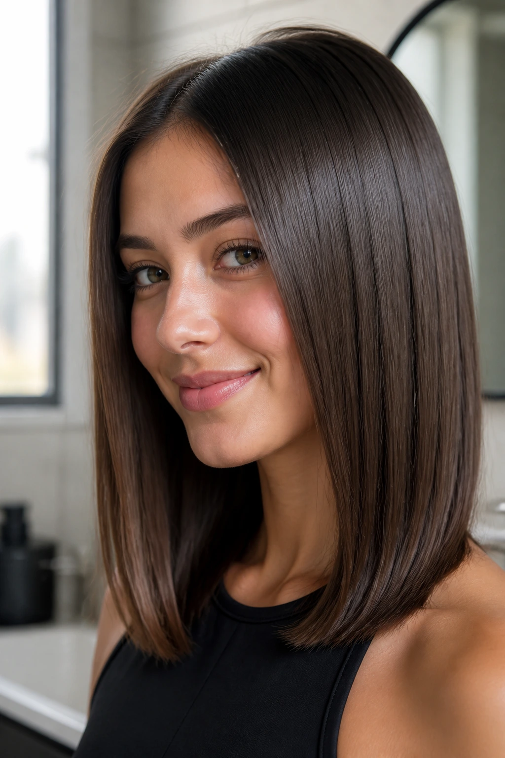 Close-up portrait of medium-length straight hair with glossy finish and subtle tension in a modern bathroom
