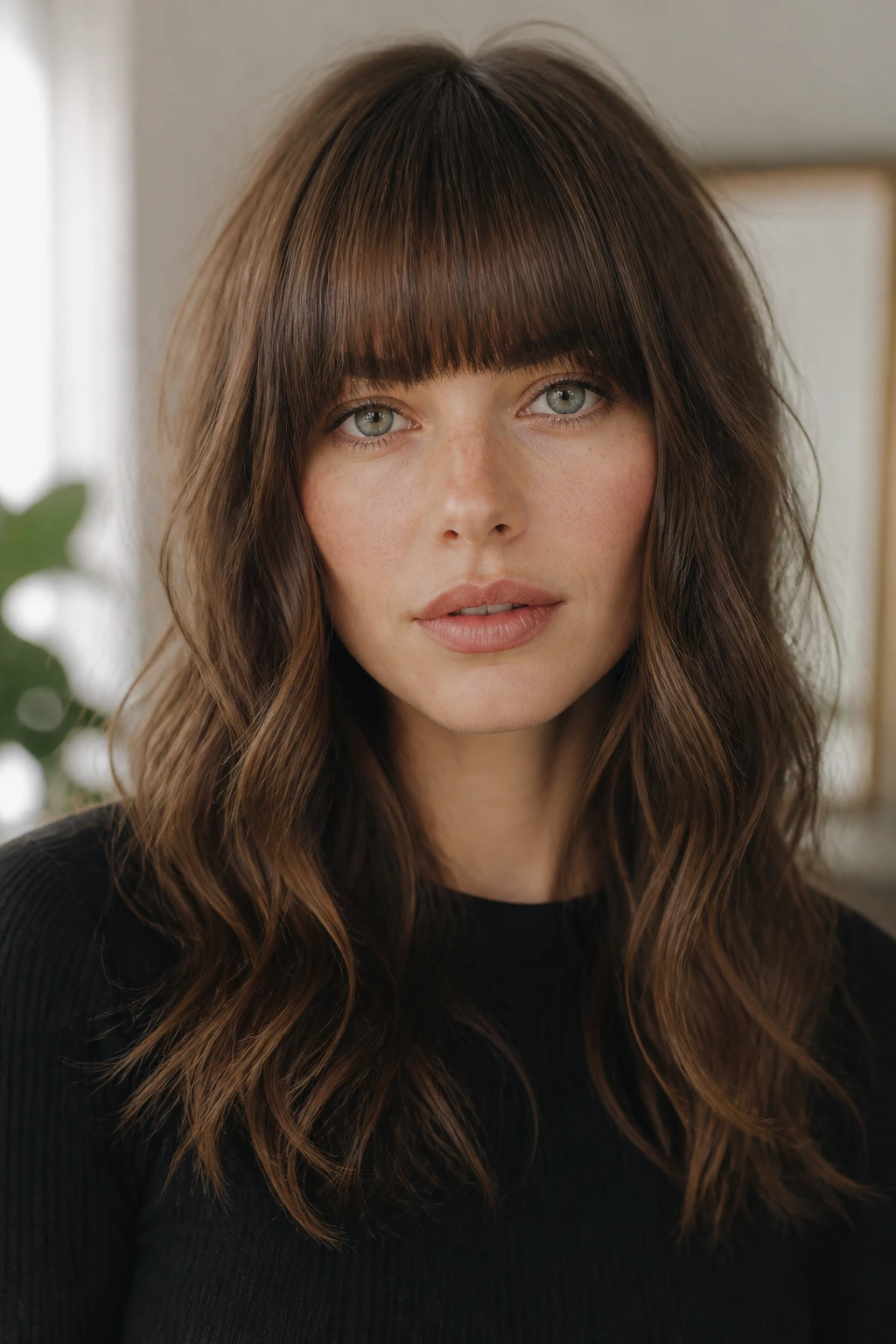 Portrait of a real woman with a straight fringe and loose wavy hair