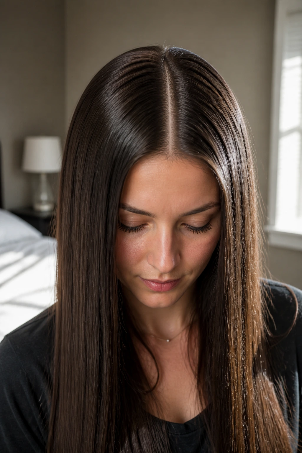 Close-up of straight hair with a crisp center part and glossy shine