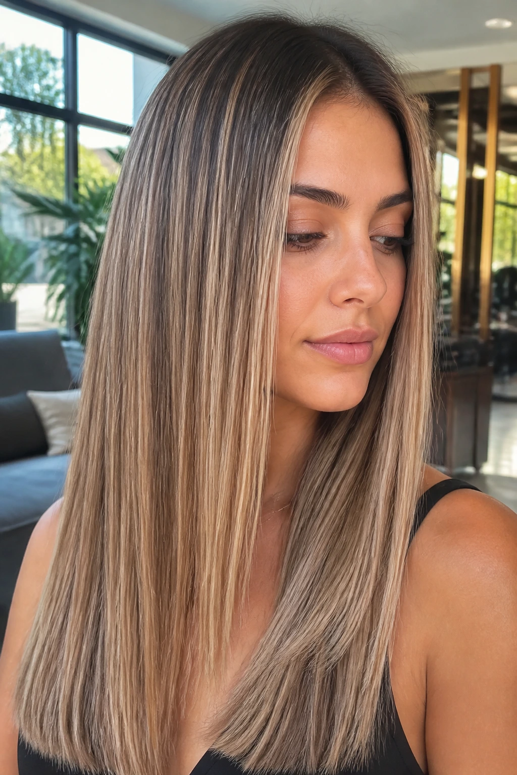 Straight-haired woman showing precise balayage placement on straight hair.