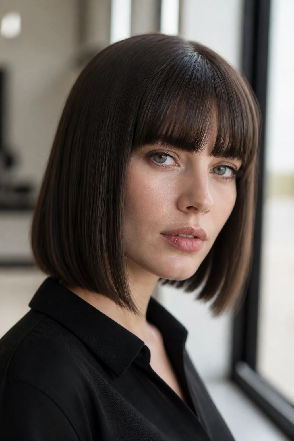 Close-up portrait of a woman with straight hair and bangs showing sharp lines