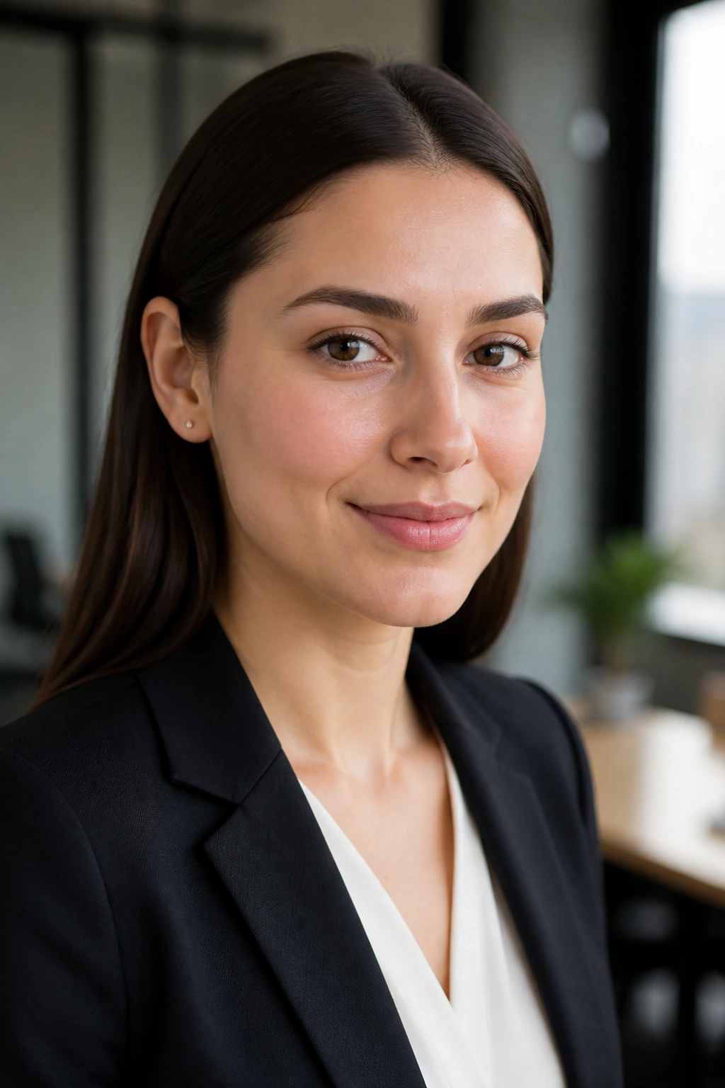 Portrait of a woman with straight hair tucked behind the ears in an office setting