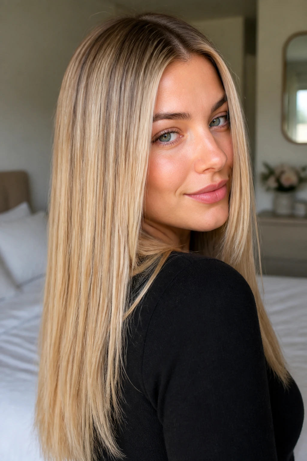 Close-up portrait of a real woman with straight, glossy blonde hair showing soft root melt and subtle highlights.