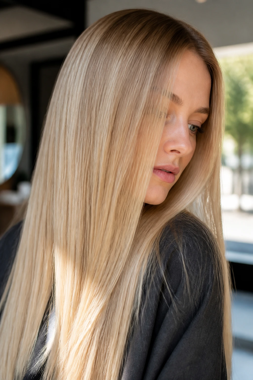 Portrait of straight blonde hair showing sharp light reflections
