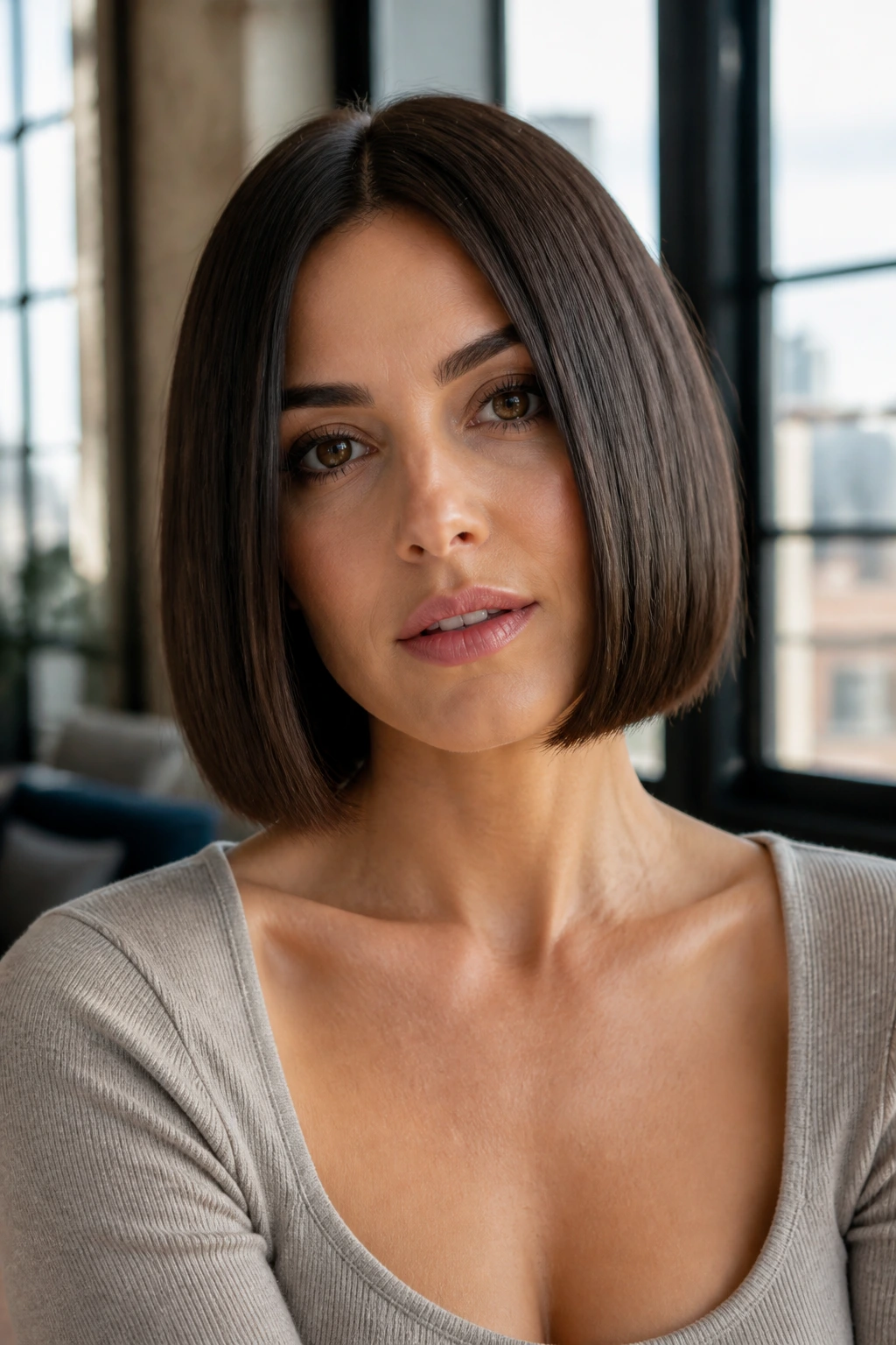 Portrait of a real person with straight hair and a crisp bob perimeter