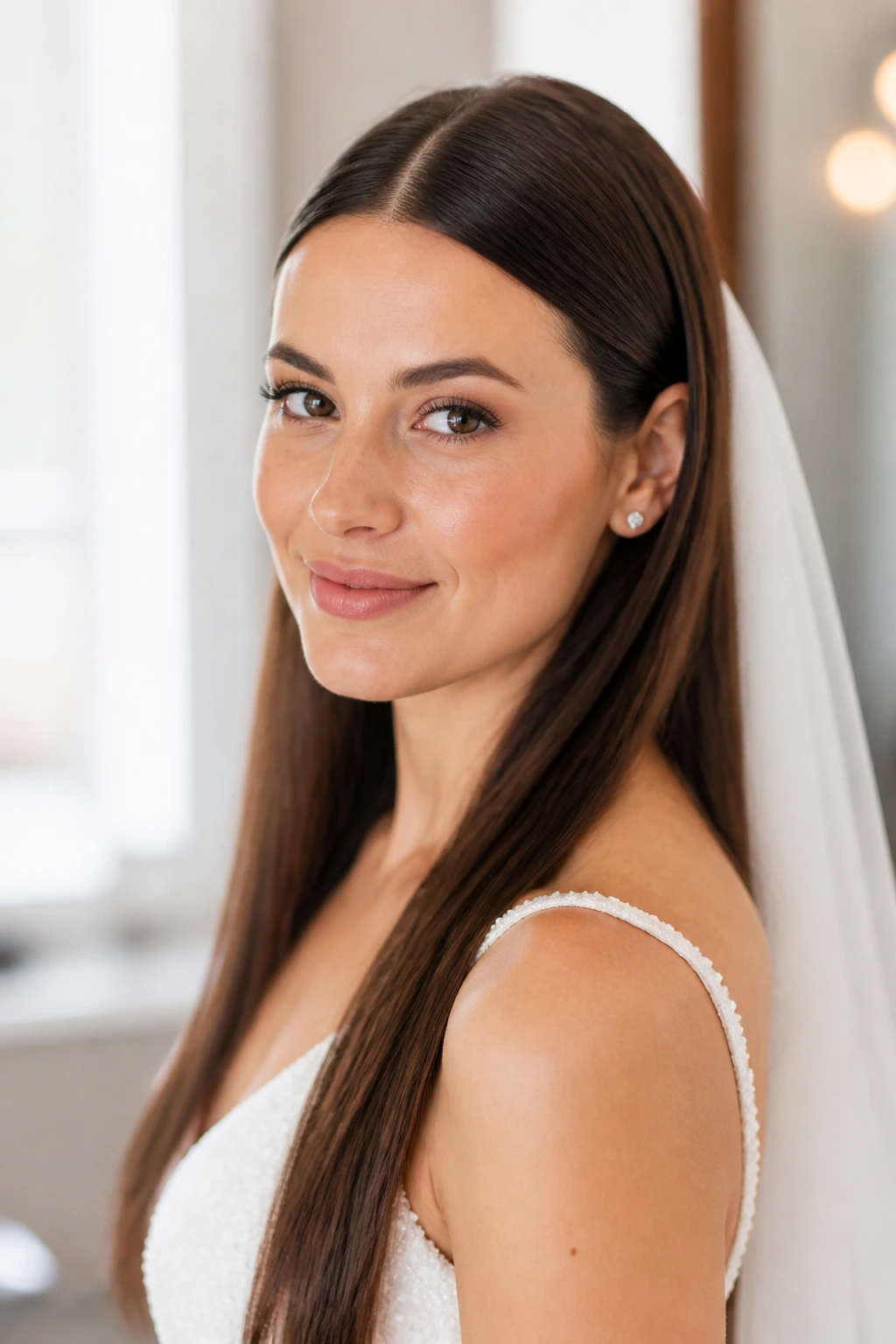 Close-up portrait of a bride with straight hair in natural window light
