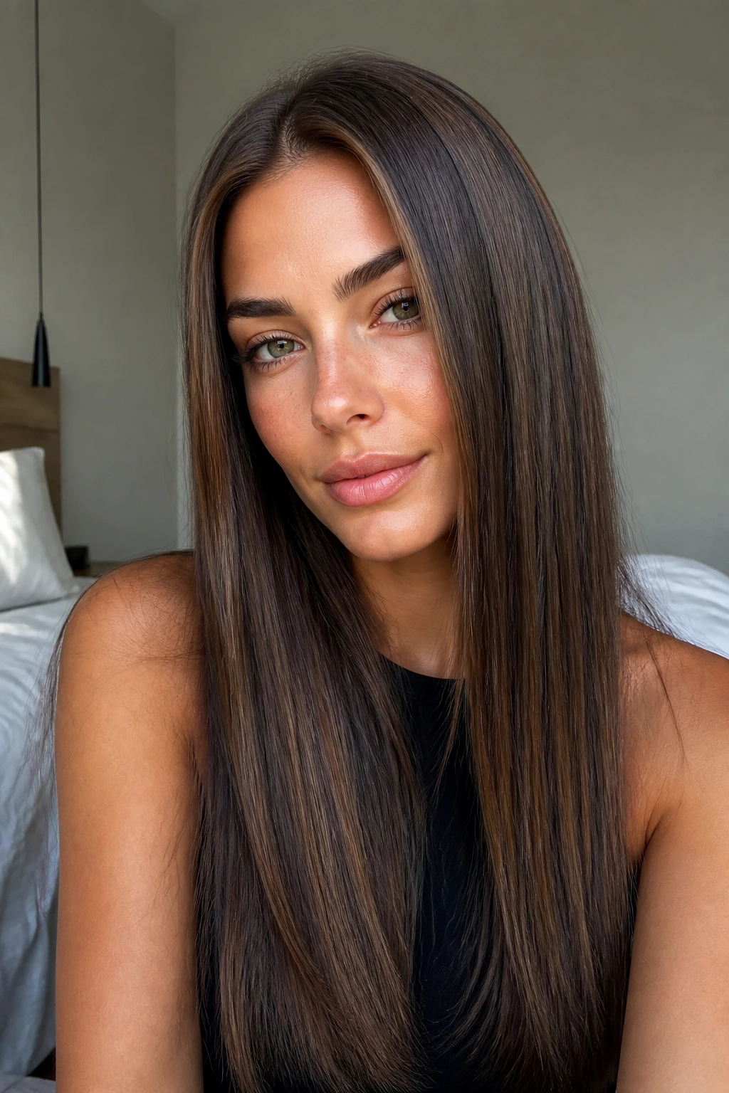 Close-up portrait of straight-haired woman showing crisp brunette shade