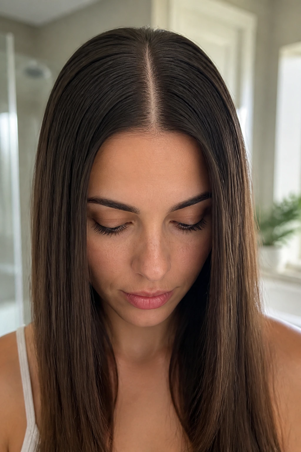 Portrait of a person with straight hair and a precise center part