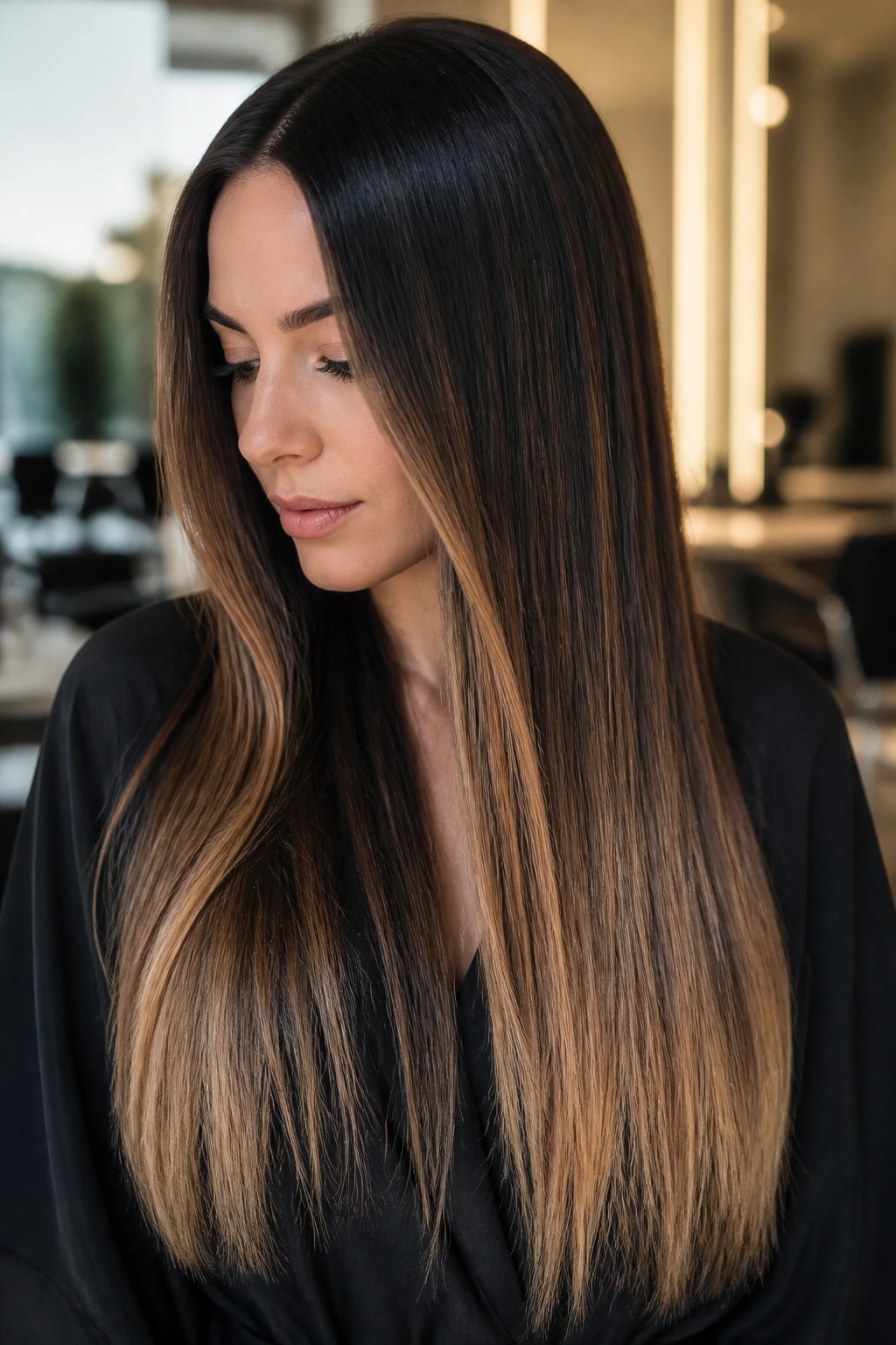 Close-up of long straight hair with caramel ribbon highlight and glossy finish on a real person