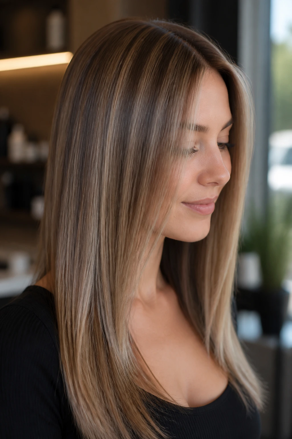 Close-up of straight hair showing multi-tone shades on a real person in natural window light