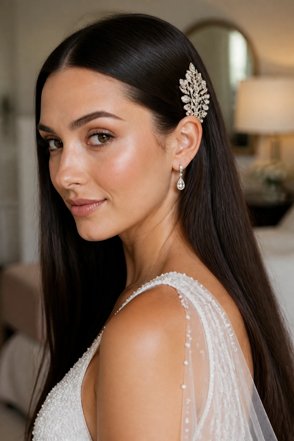 Close-up of a real bride with a statement comb in straight hair