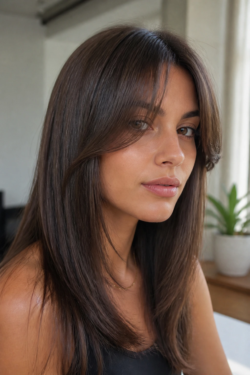 Close-up of a real woman with straight hair and sleek curtain bangs bending away from the center