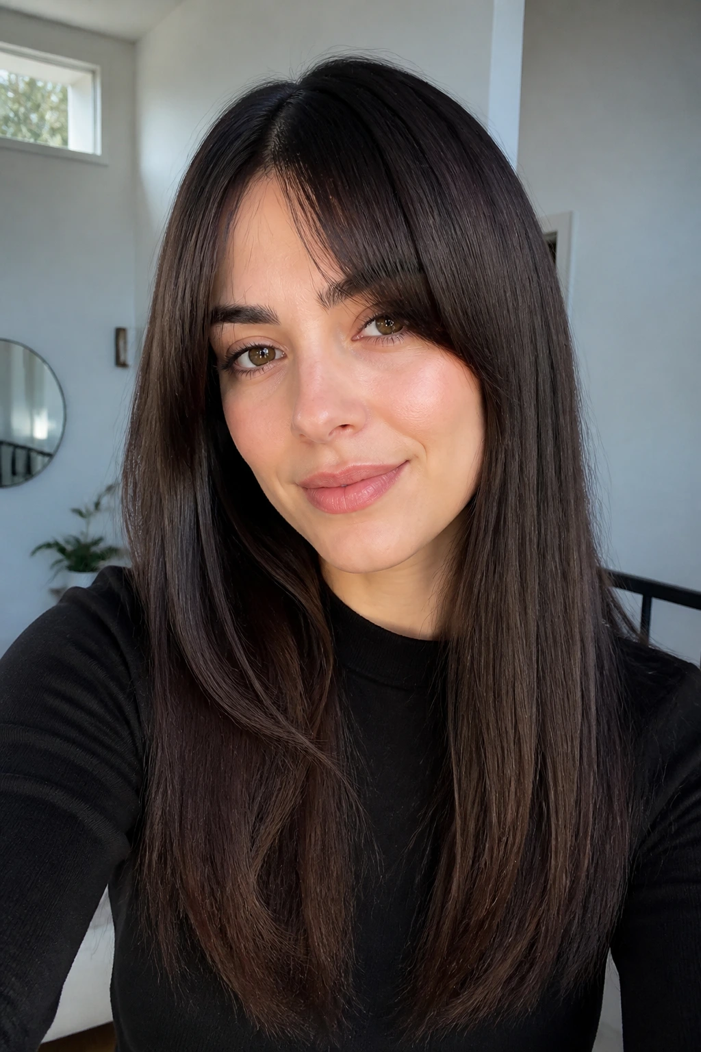 Close-up portrait of a real person with straight hair and curtain bangs