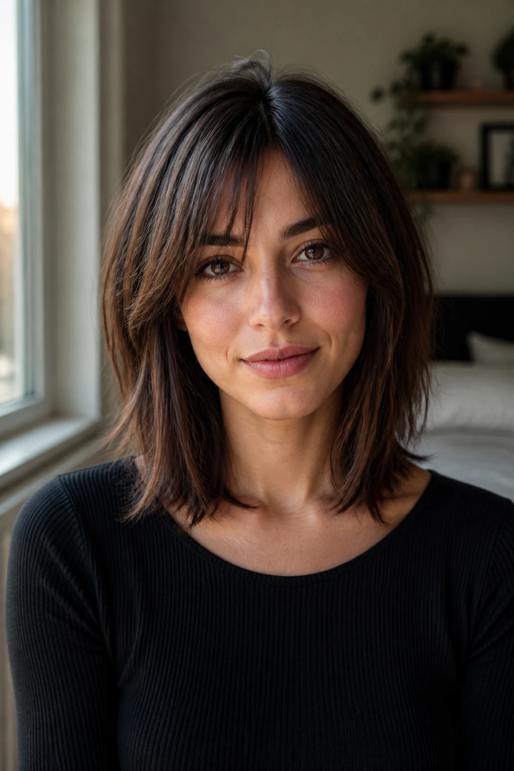 Close-up portrait of a straight-haired person with a crisp choppy haircut