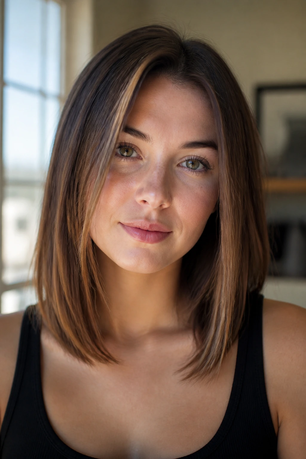 Real person with straight shoulder-length hair and long face-framing pieces