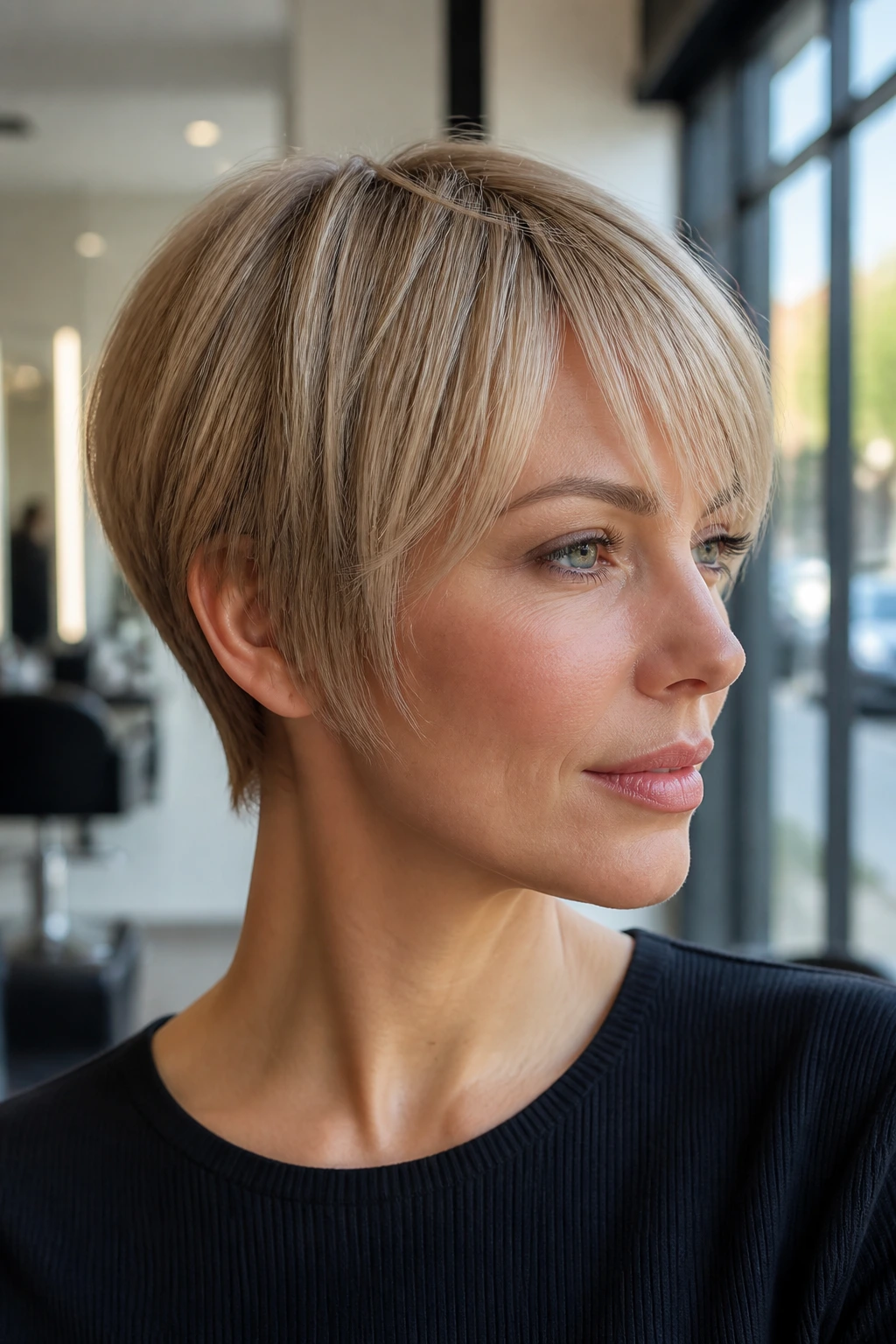 Close-up portrait of a real woman with a straight feathered crop in a bright salon