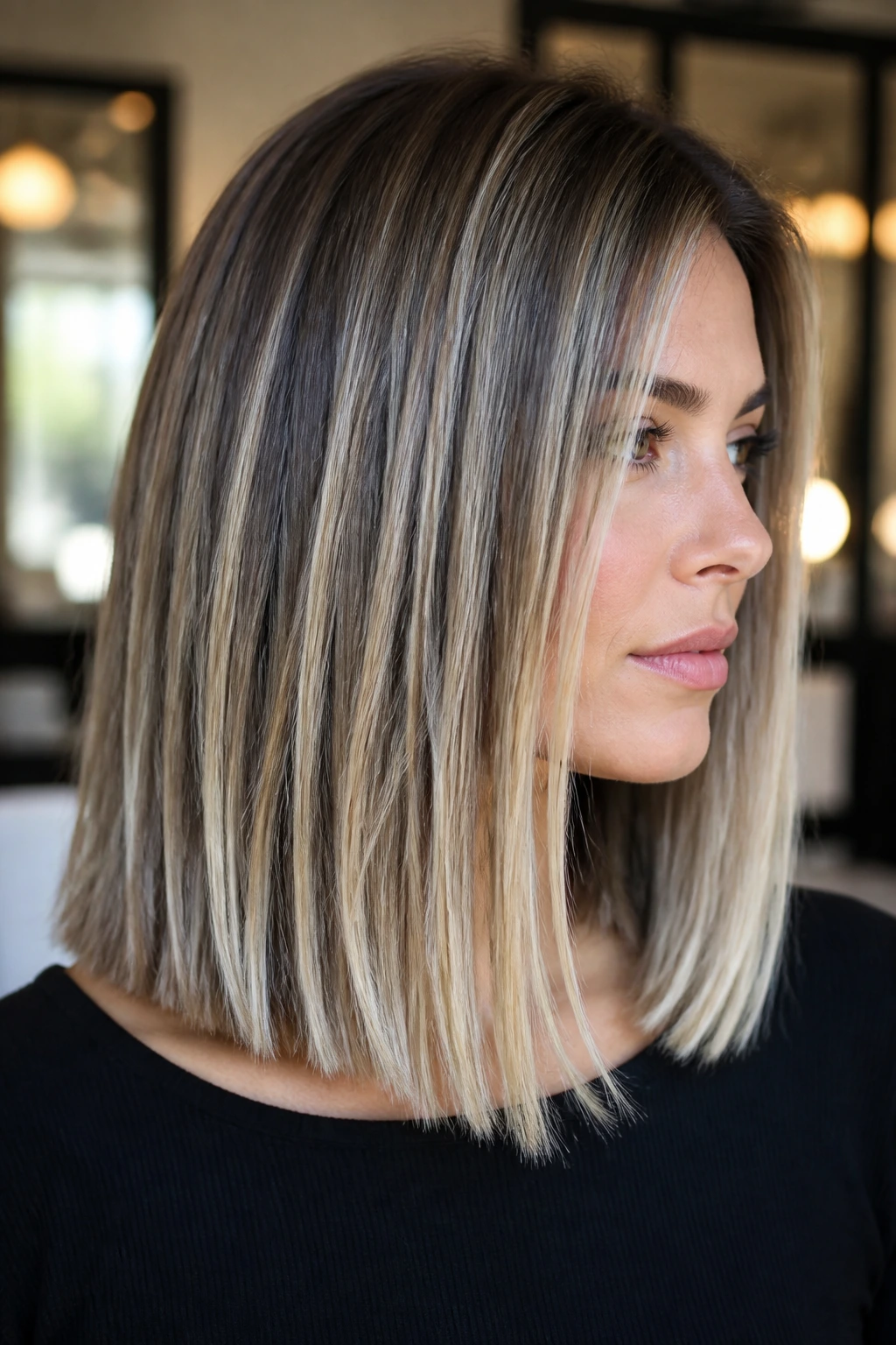 Portrait of straight-hair foilayage with airy ribbons in soft salon light