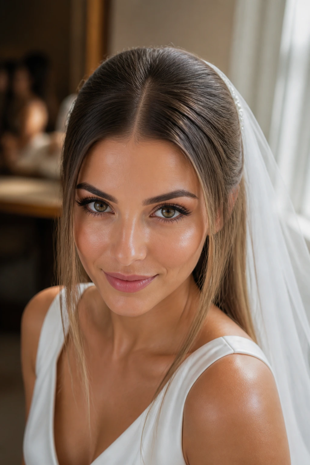 Close-up of a real bride's straight hair with root texture for grip