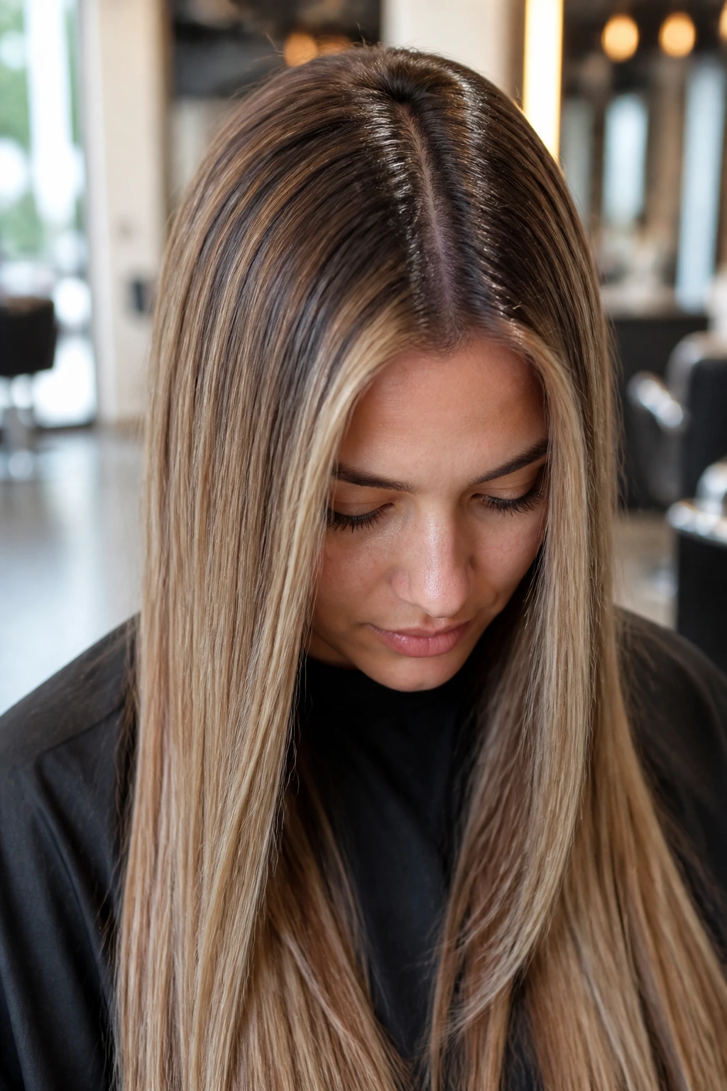 Close-up portrait of straight-hair woman with subtle foil map in salon lighting