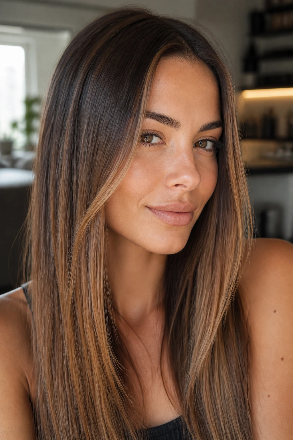 Close-up of a real woman's straight hair with fine face-framing highlights in warm caramel tones under natural window light