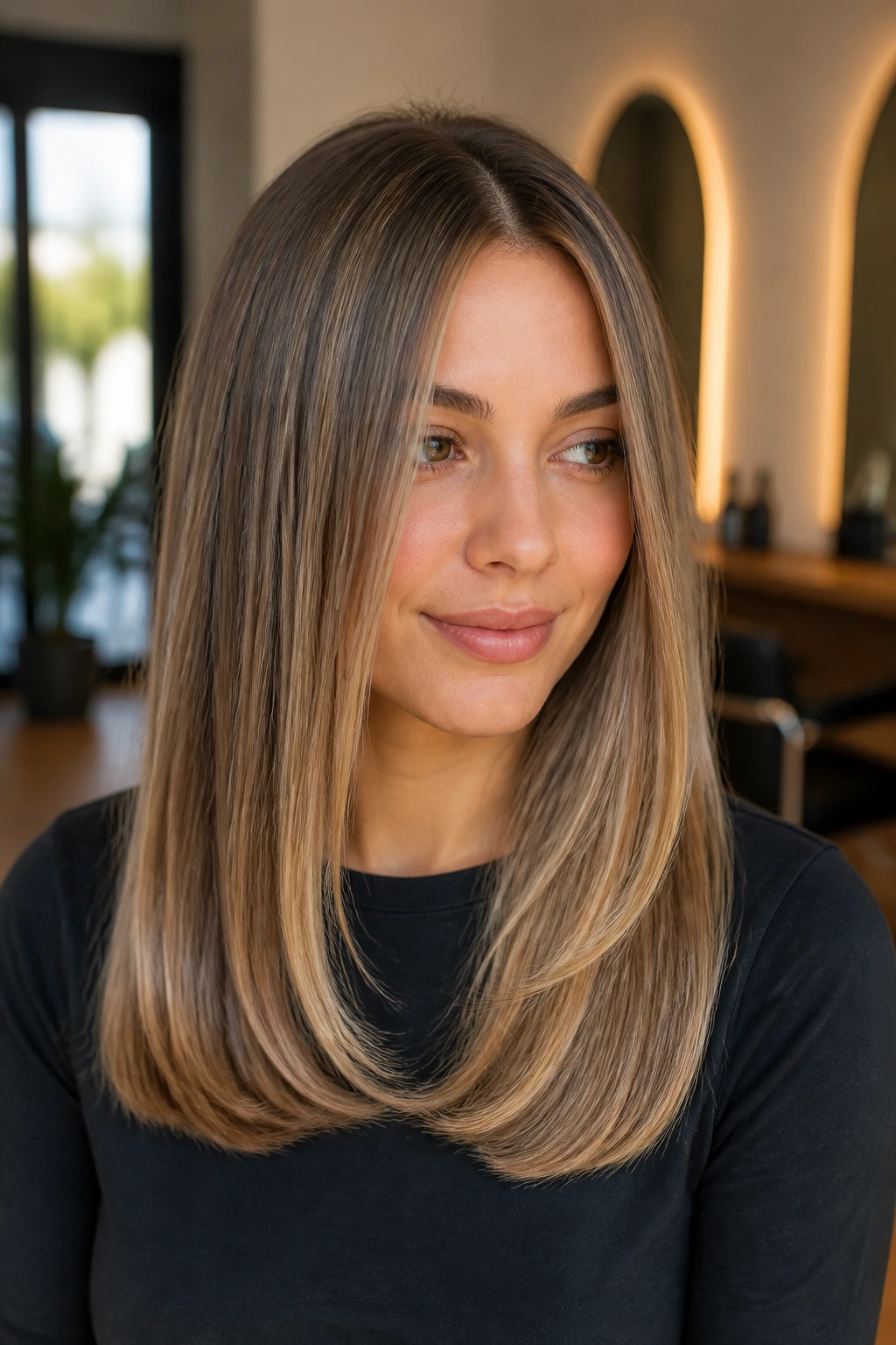 Close-up of a real woman with straight hair styled with a subtle bend and center part to show highlights